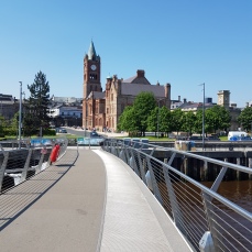 A view of the Guild Hall from the Peace Bridge.