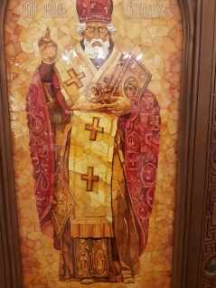 An amber-decorated icon.